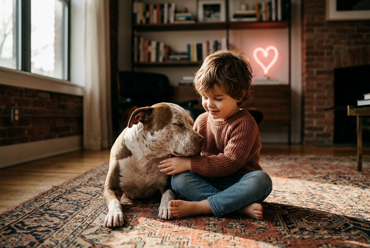 A child and a rescued pit bull