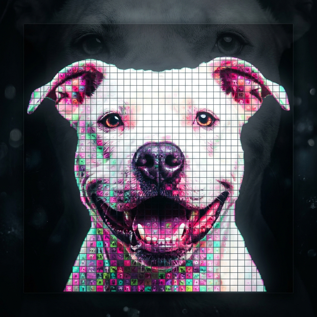 Smiley — a photomosaic of a thousand rescue dogs, with King faded into the shadow