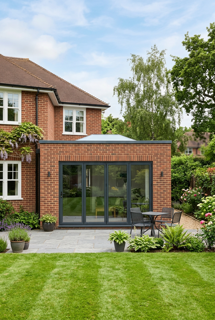 Modern single-storey brick rear extension with bifold doors and garden