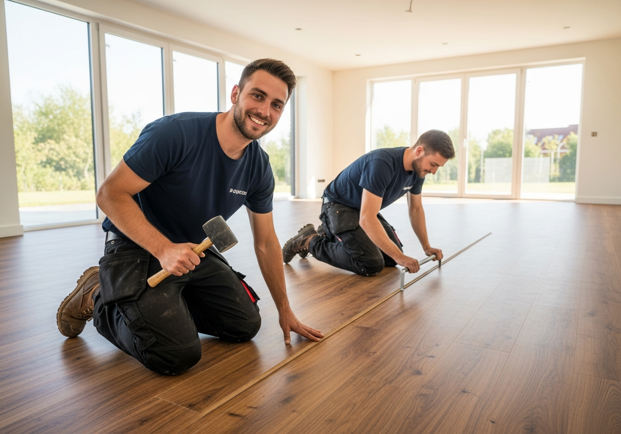 Professional flooring installers finishing up laminate installation