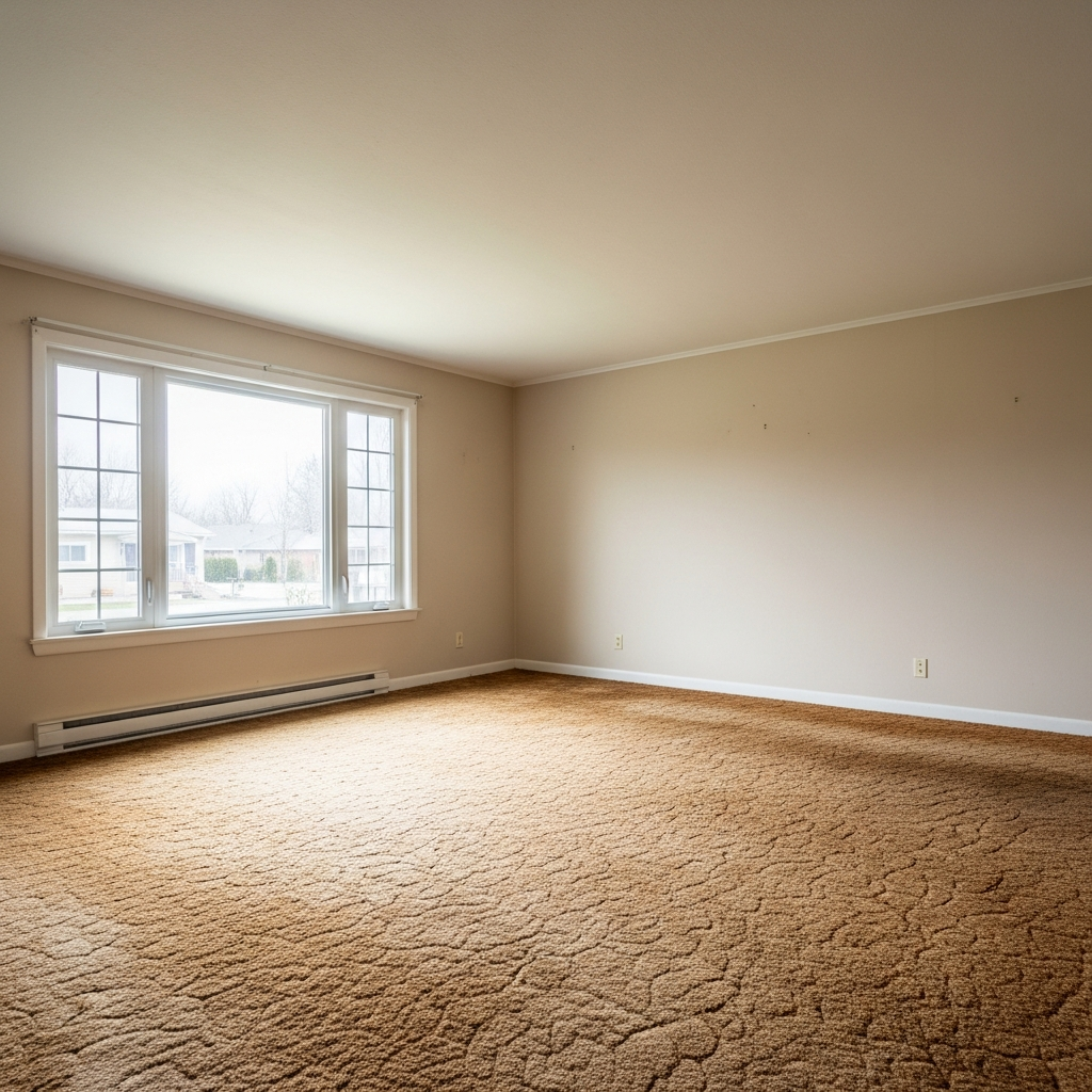 Before: Old worn carpet flooring