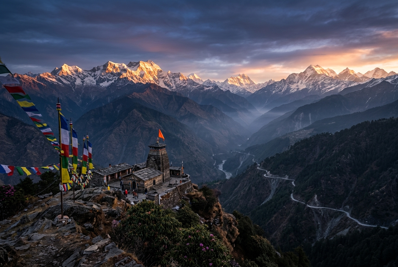 Himalayan temple with prayer flags above a Garhwal valley at dawn