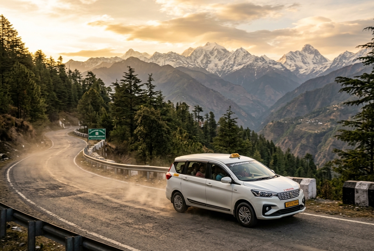 White Ertiga taxi of Tingadya Travels on a winding Himalayan mountain road in Uttarakhand