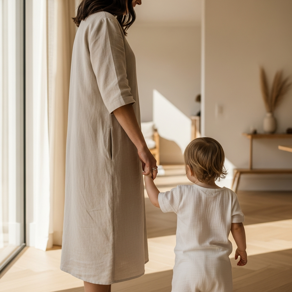 Mother and child in a sunlit, calm modern home