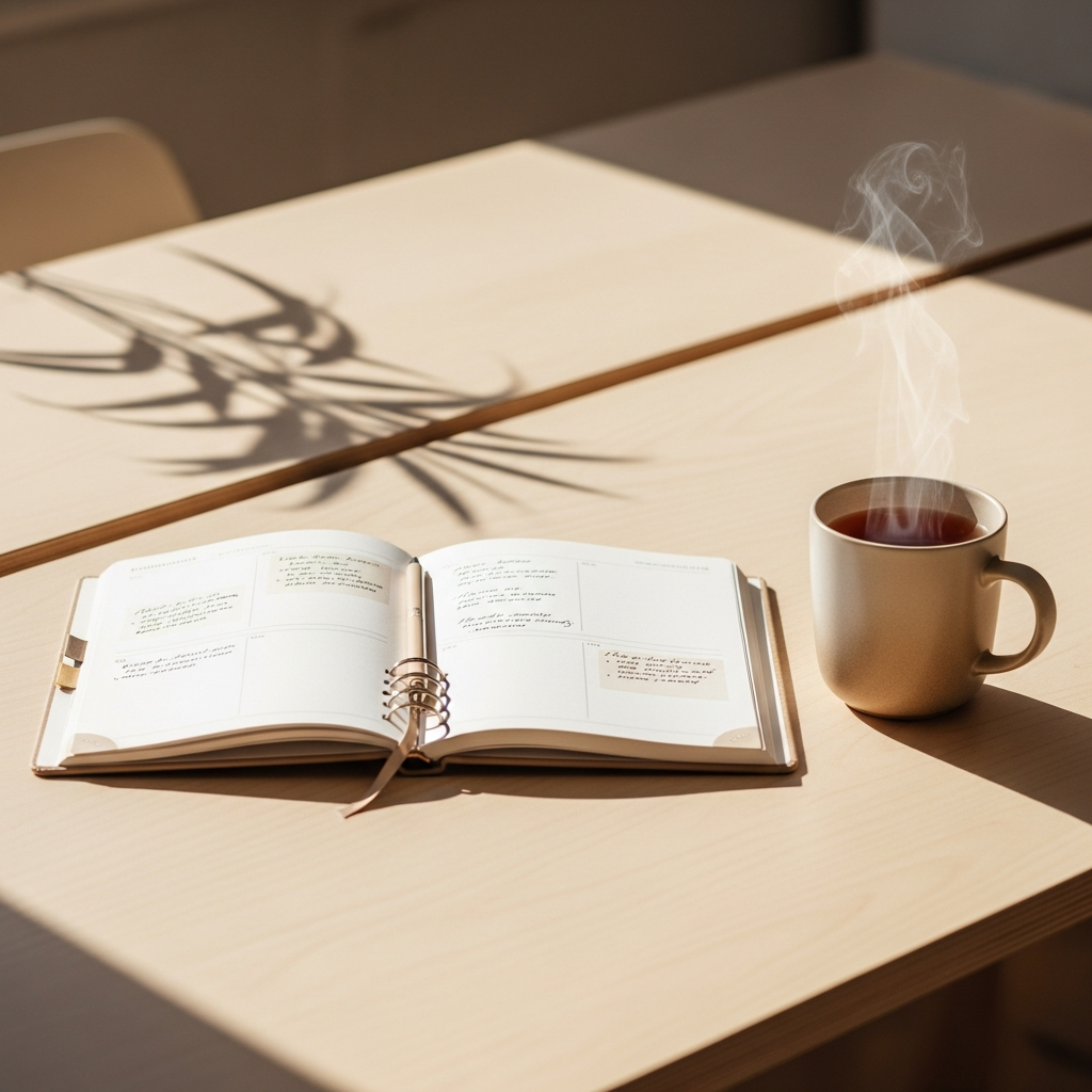 Minimalist planner and tea on a warm linen surface