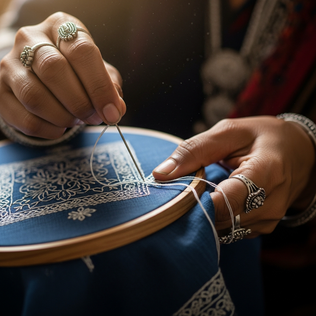 Karigar artisan hand-stitching Chikankari in Lucknow