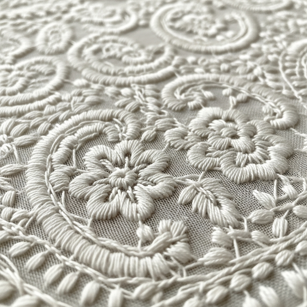 Close-up of intricate Chikankari hand embroidery on white fabric