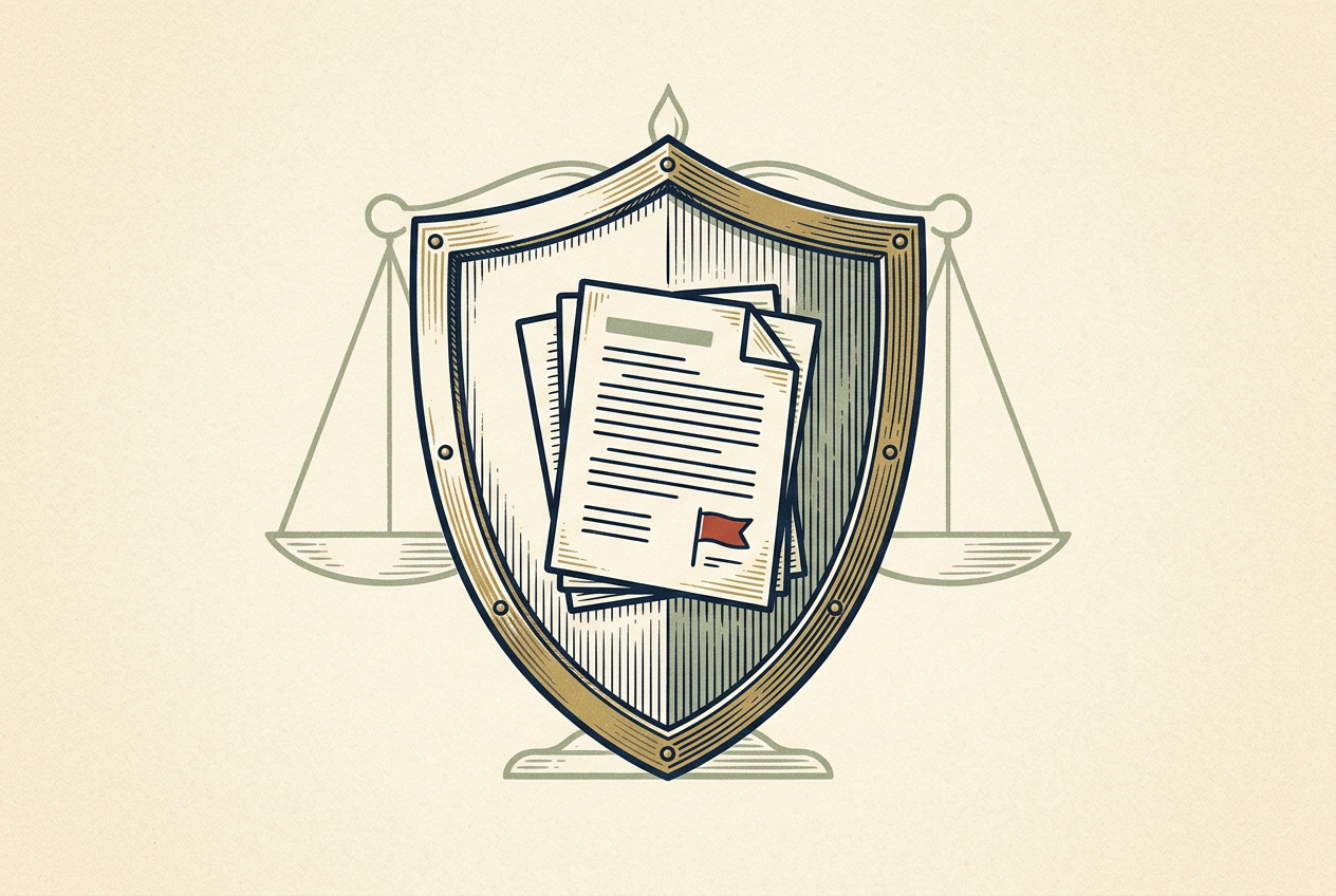 A shield protecting documents, with balanced scales behind it