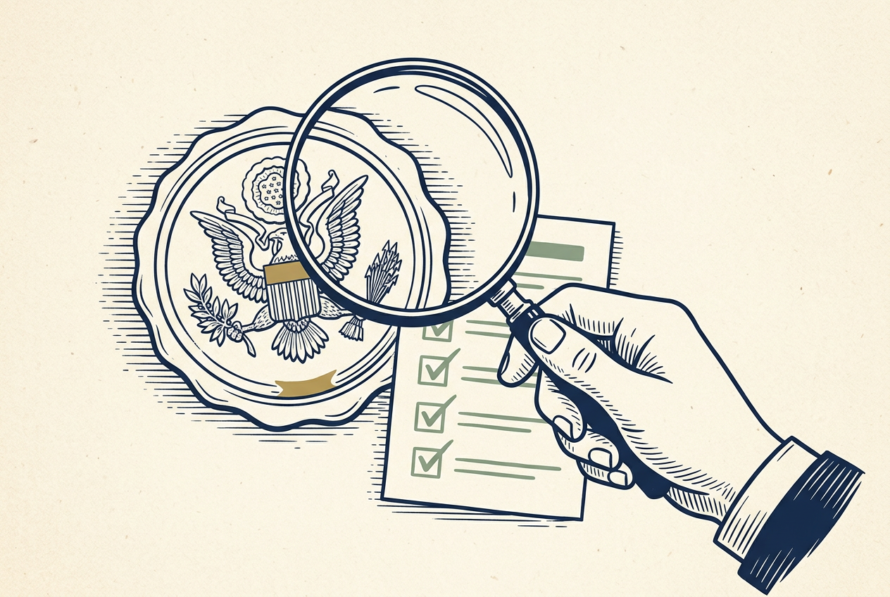 A magnifying glass held over an official accreditation seal and a checklist