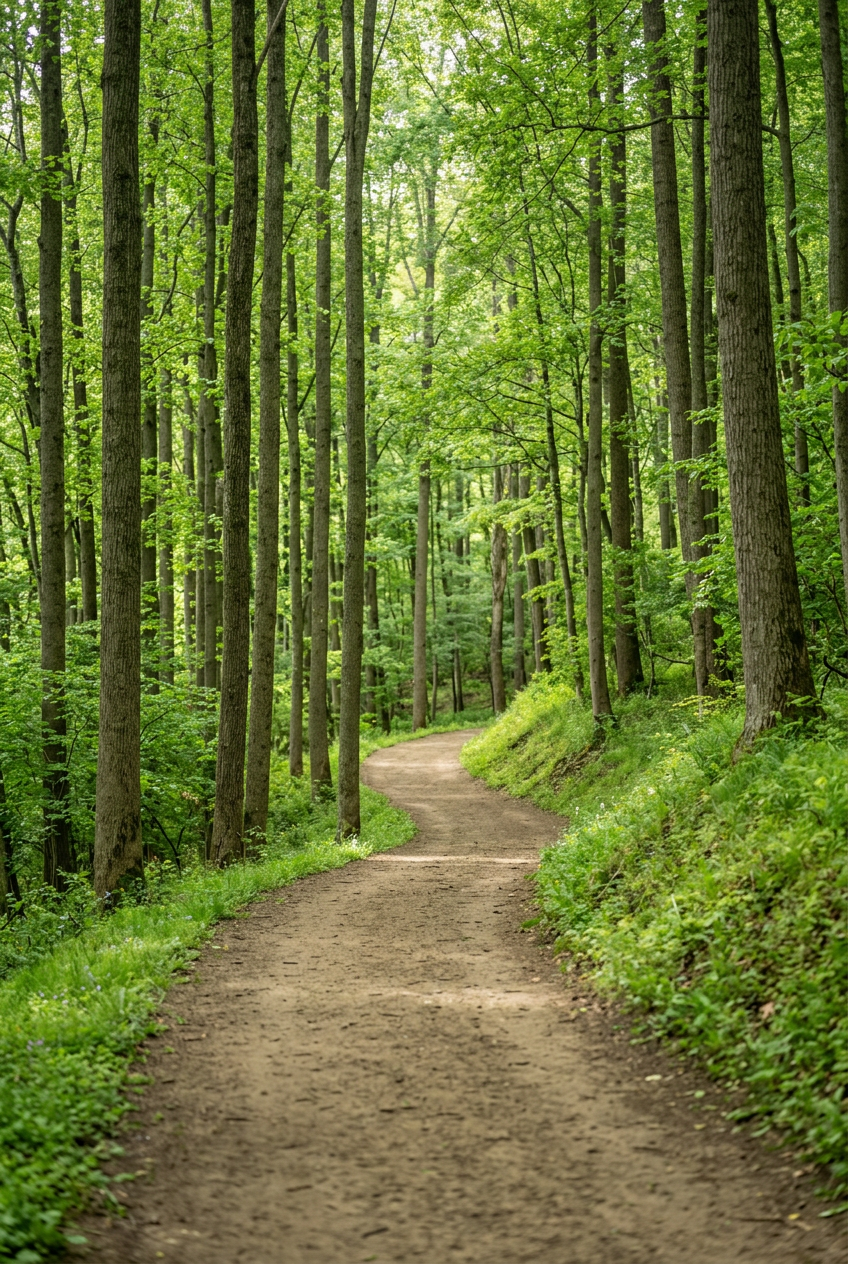 Wide smooth path curving through bright green forest