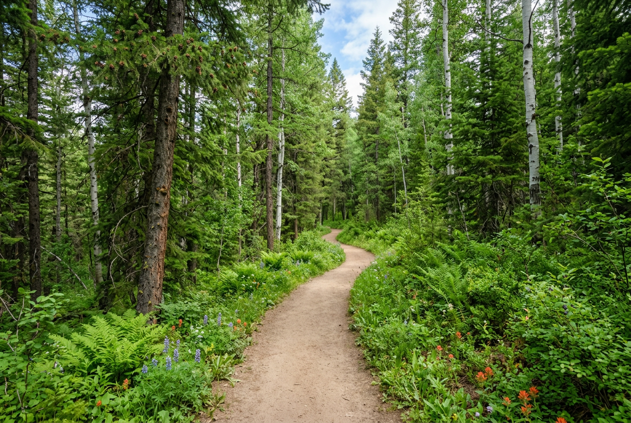 Foggy forest footpath through Montana timber