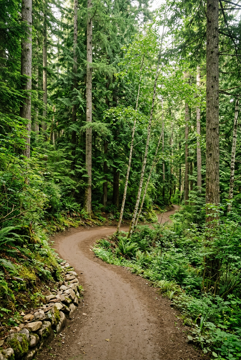 Dirt singletrack through dense forest