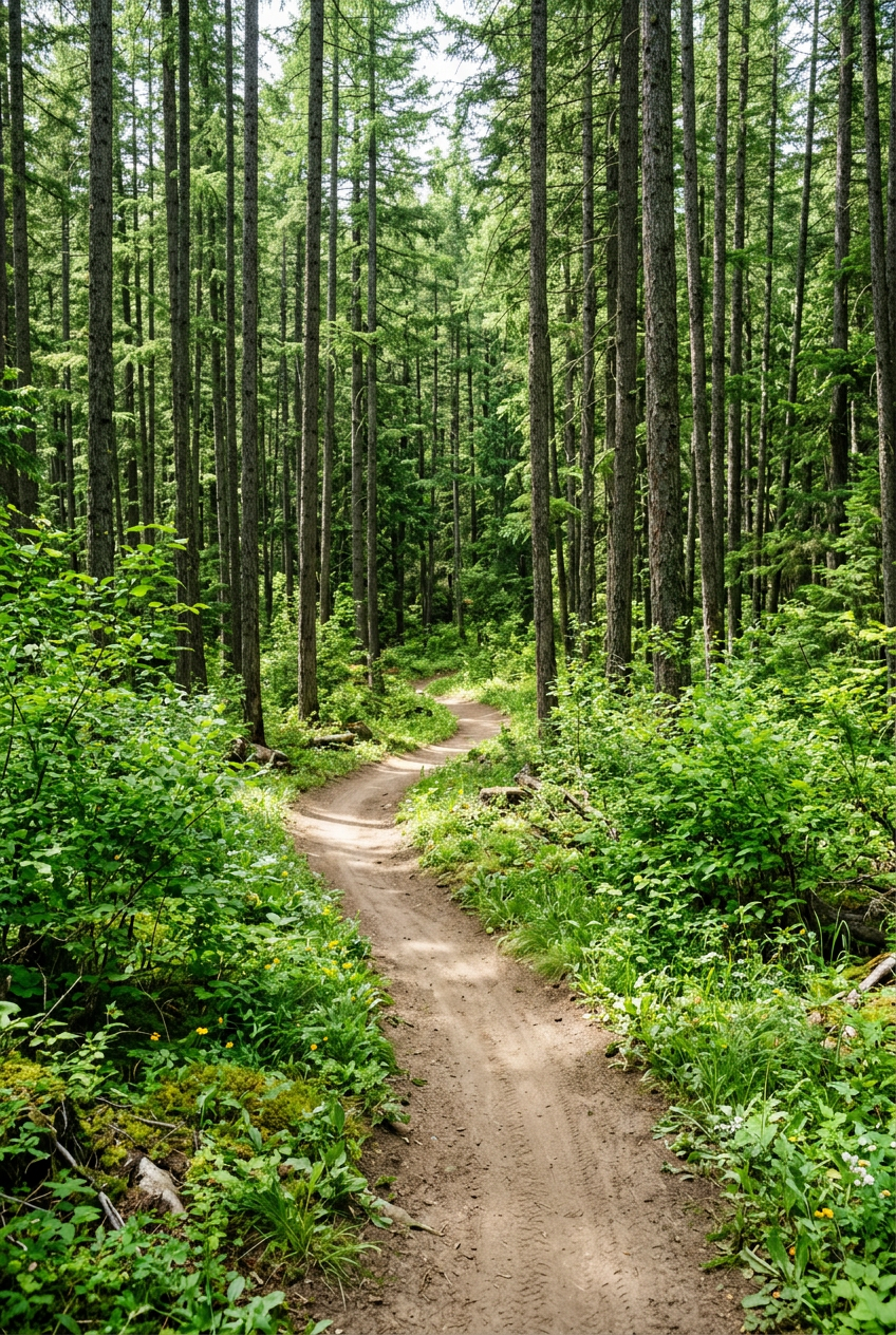 Packed-dirt singletrack winding through green timber