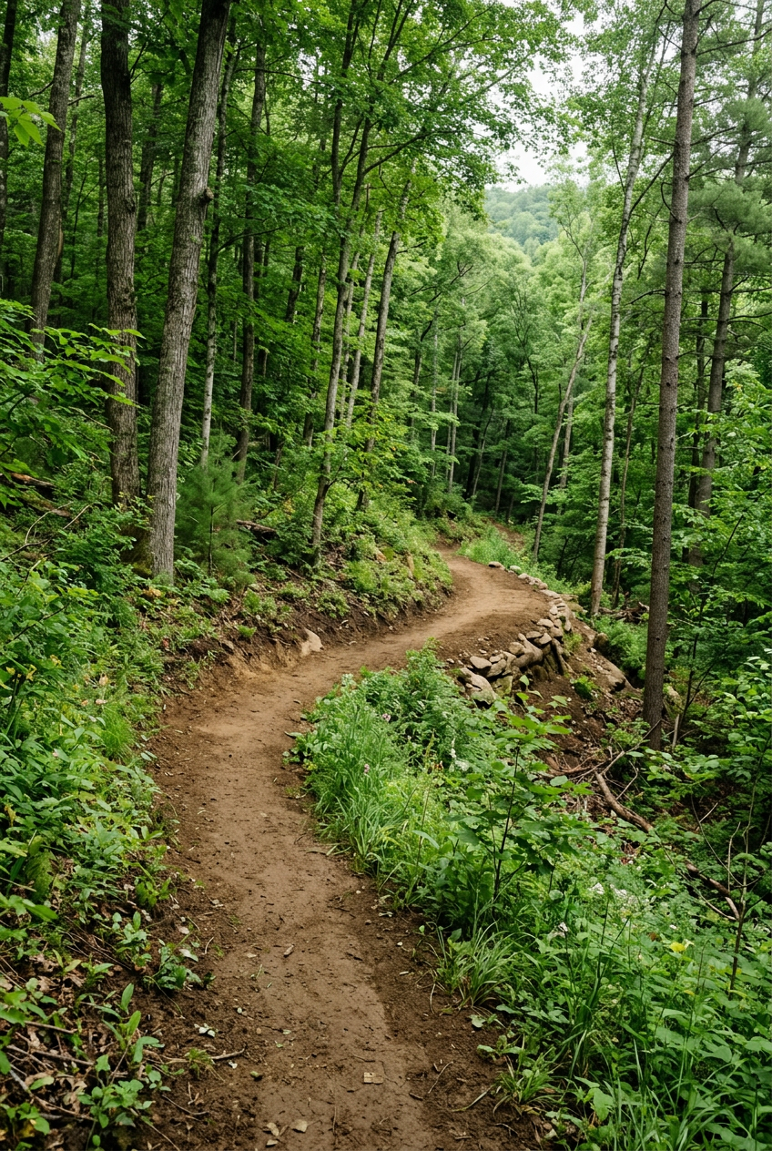 Dirt trail benched into a forested hillside