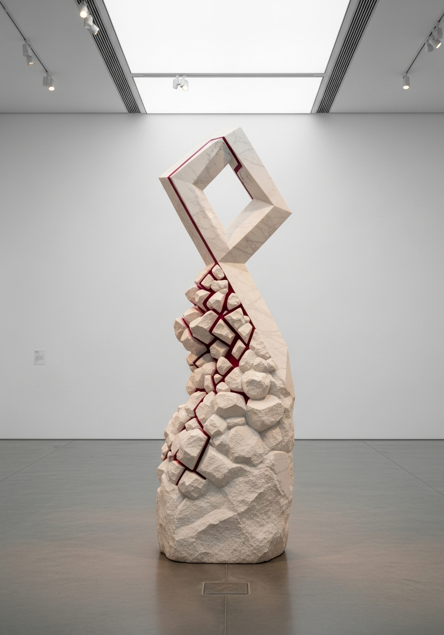 Abstract marble sculpture transitioning from chaos to structure