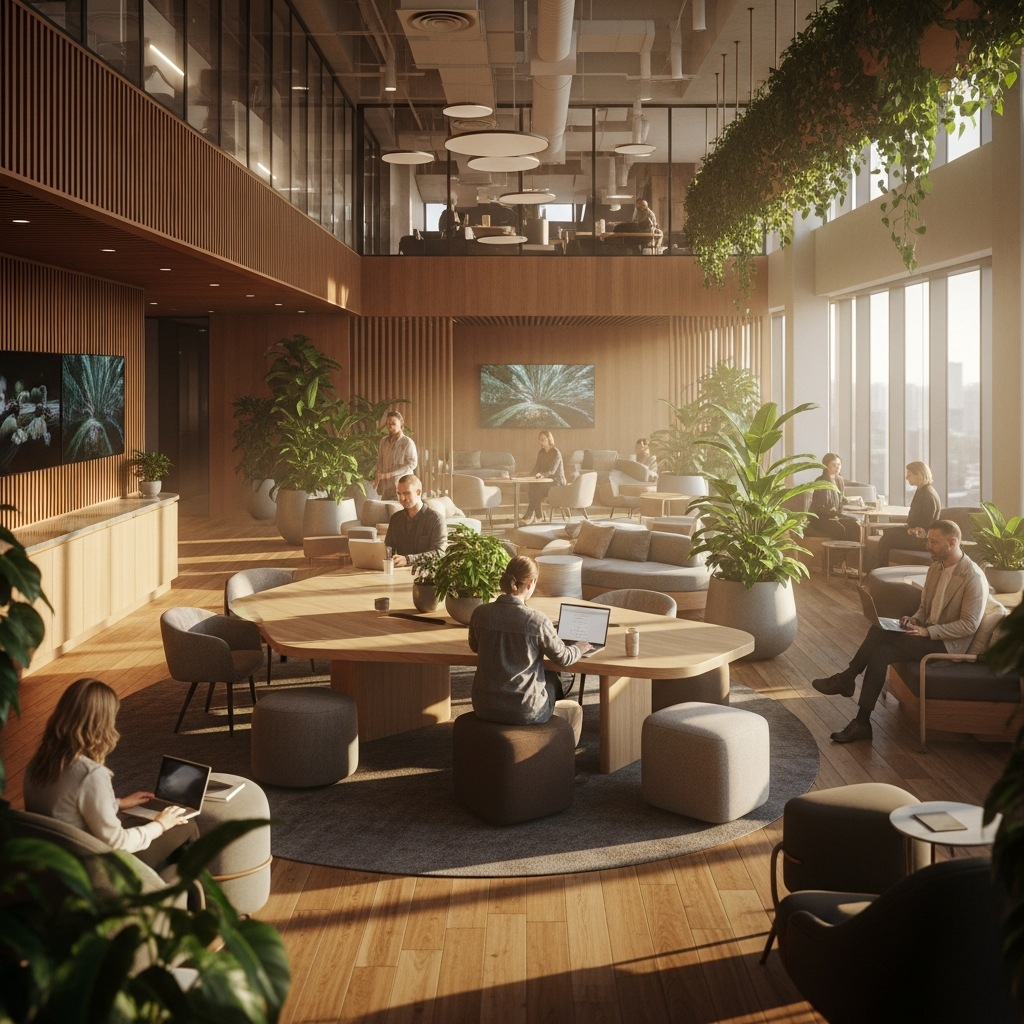 A quiet corporate lounge bathed in golden hour light
