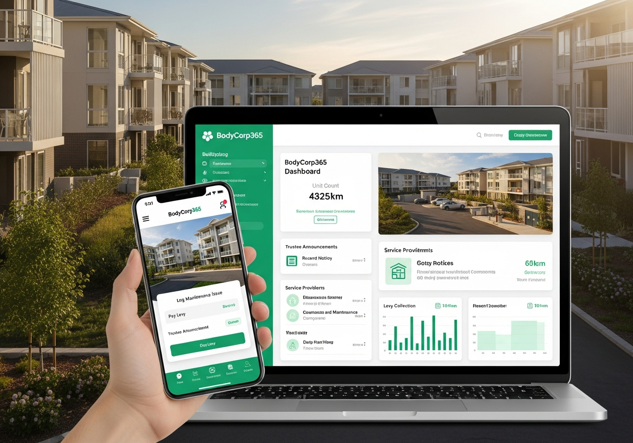 BodyCorp365 dashboard on laptop and smartphone showing building overview, trustee announcements, and service providers