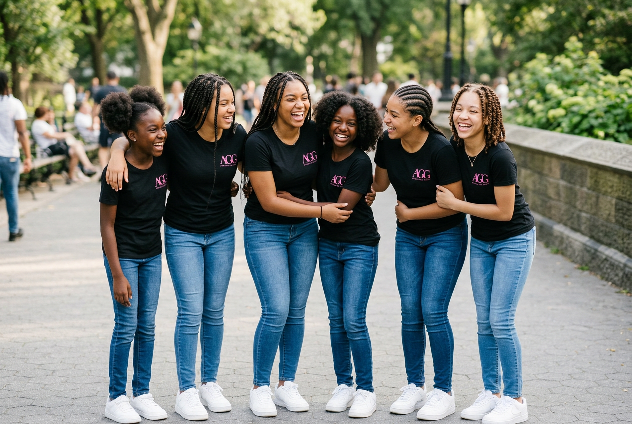 A group of A Girl's Girl participants in black AGG branded shirts laughing together