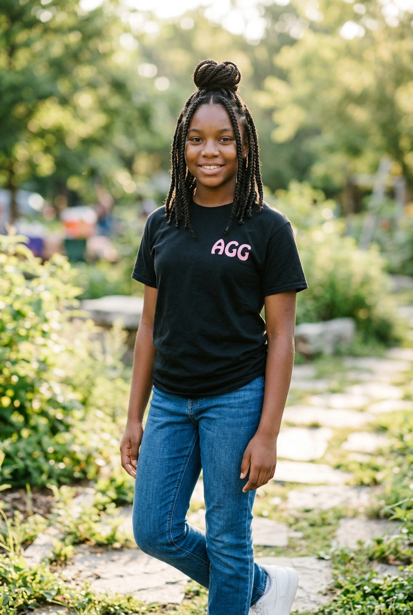 A confident girl in a black AGG shirt standing tall and smiling with warm eye contact