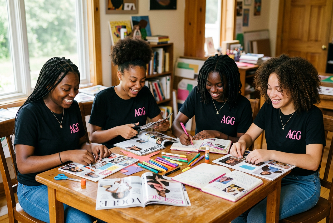Girls in AGG shirts creating vision boards and journaling together
