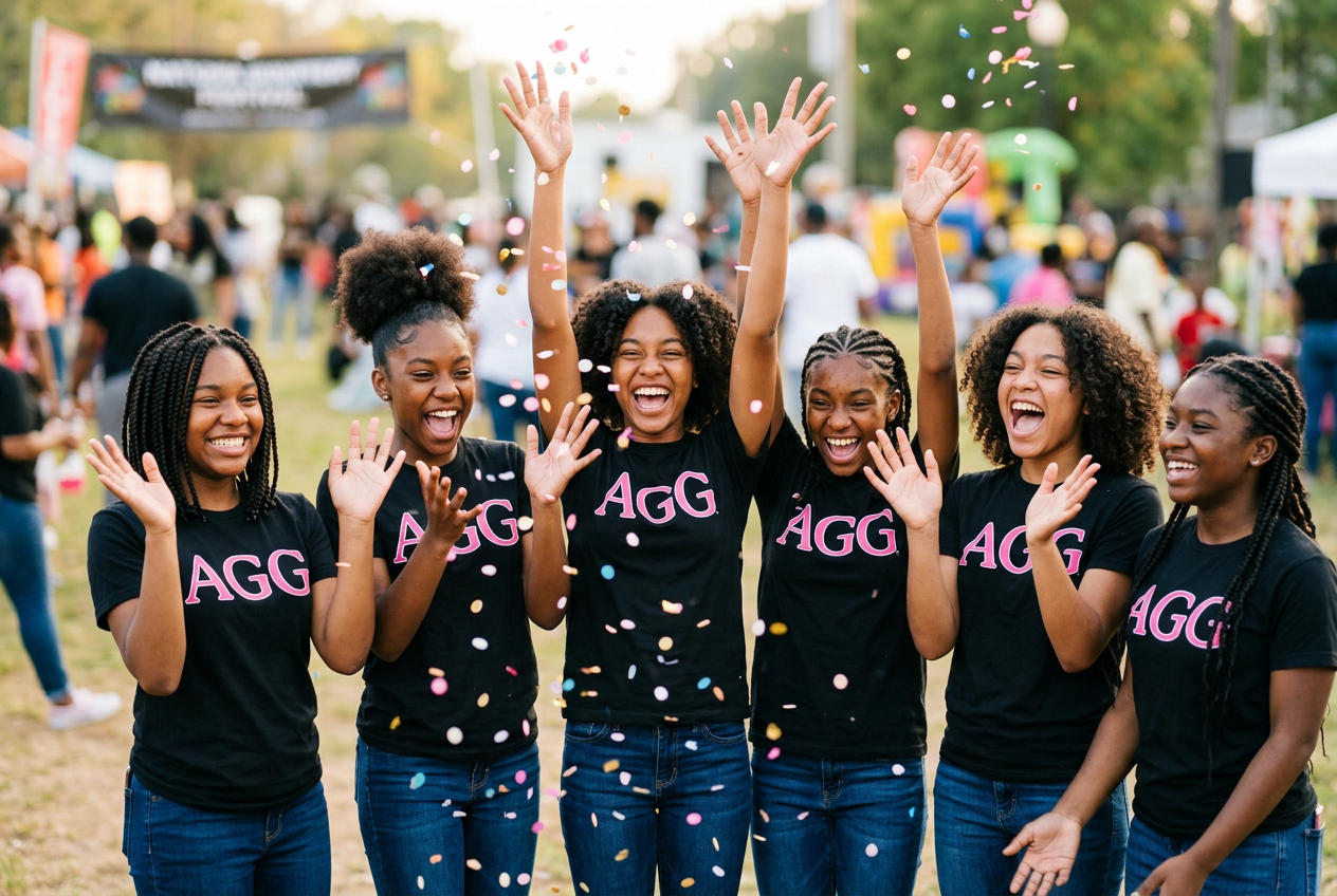 Girls in AGG shirts celebrating joyfully together