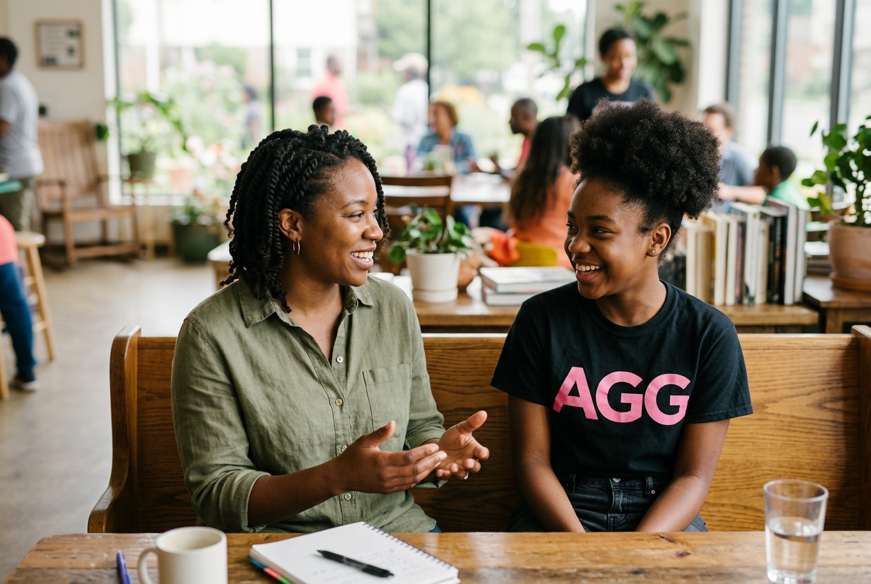 An AGG mentor encouraging a girl in a warm one-on-one conversation