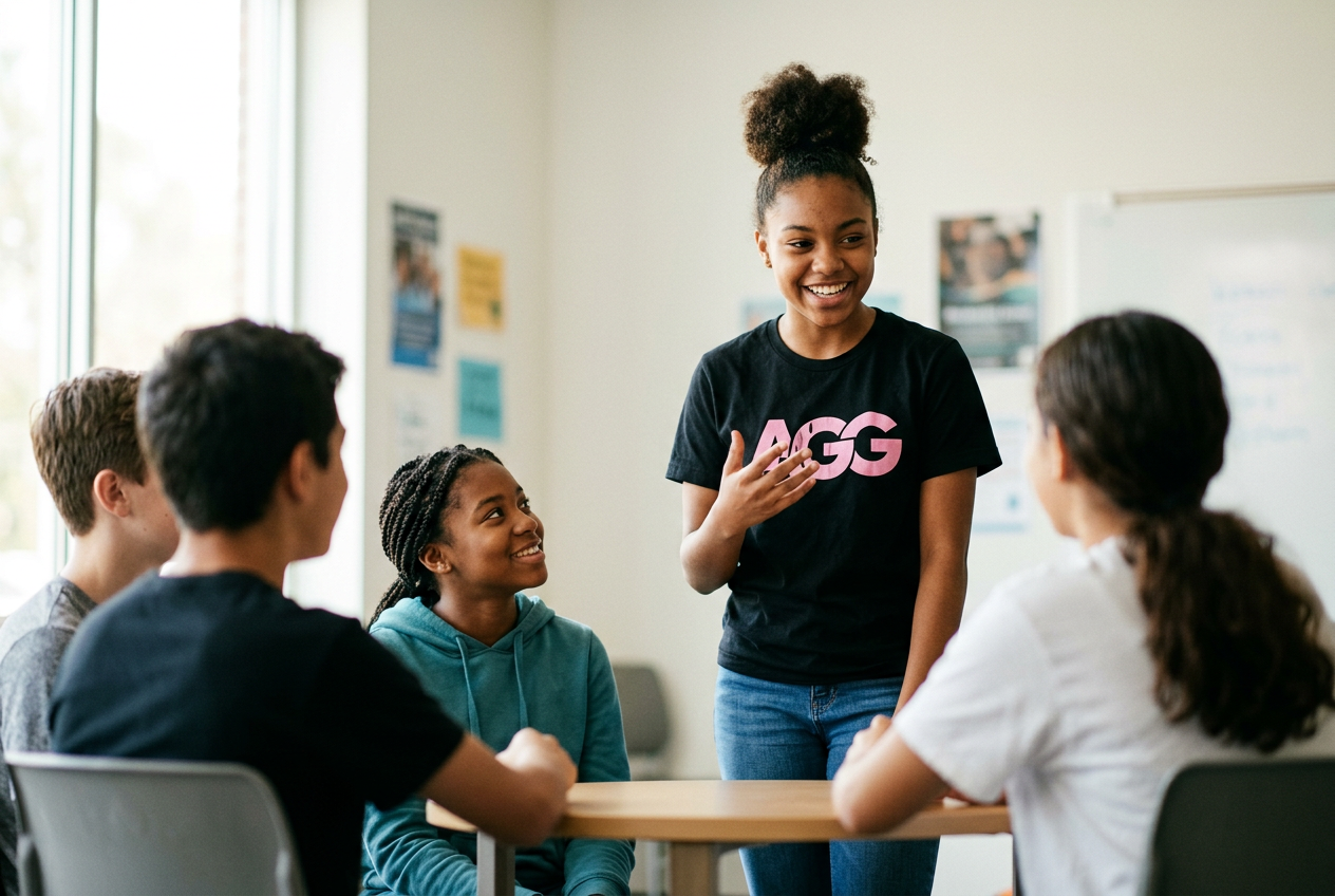 A confident girl in an AGG shirt speaking and leading her peers