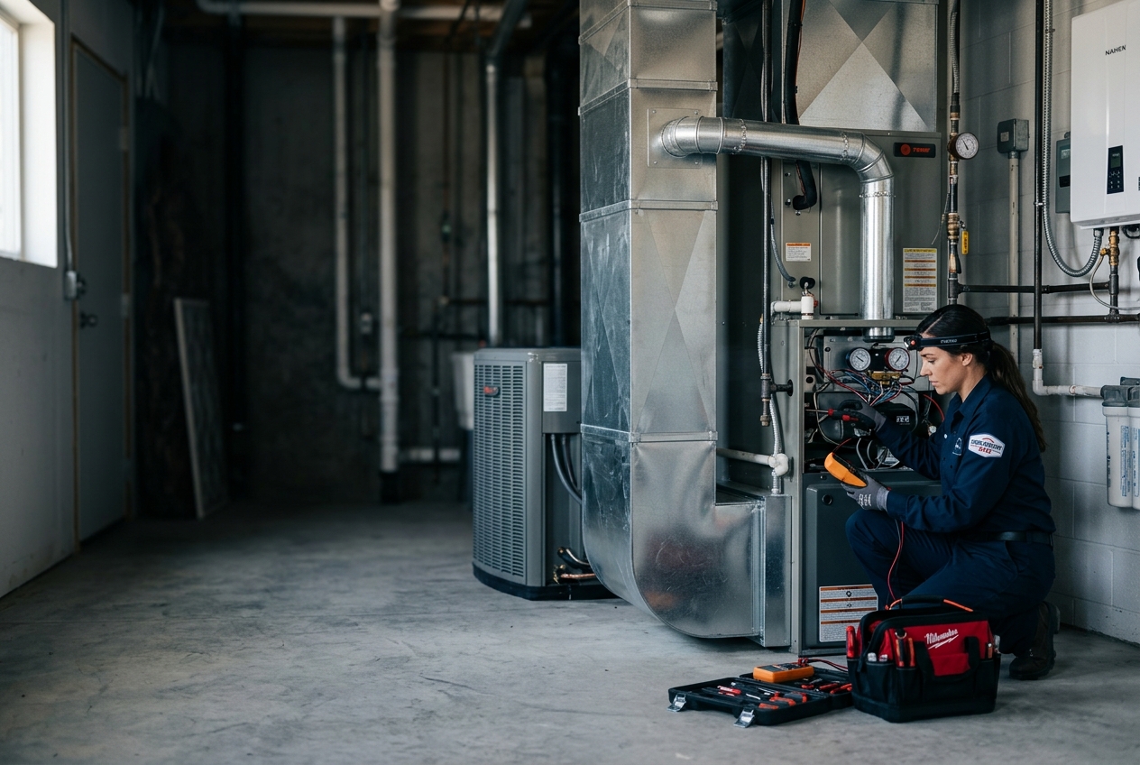 HVAC technician servicing equipment in a clean mechanical room