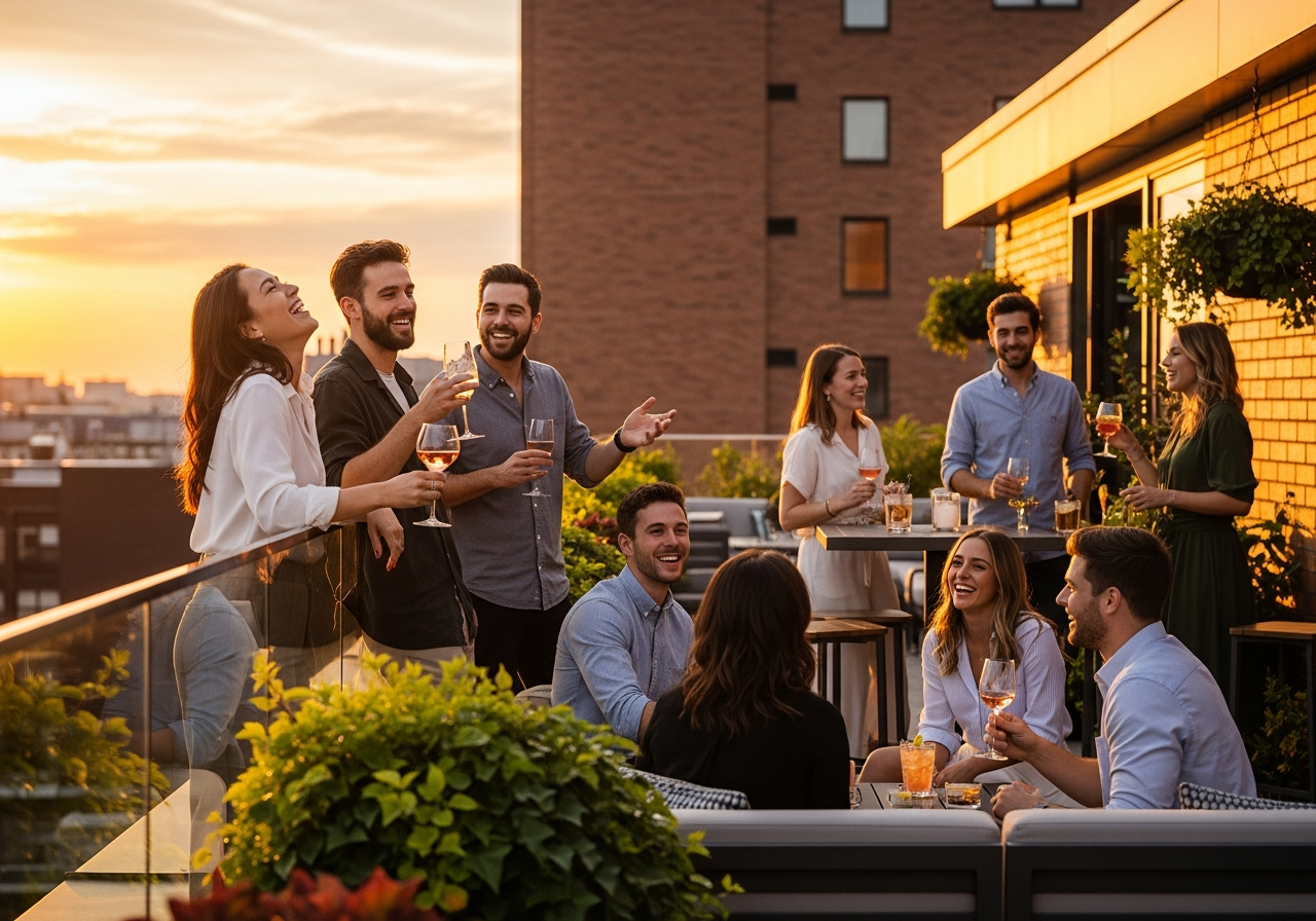 Diverse group socializing at rooftop