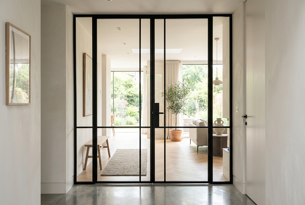 Sleek black aluminium framed glass internal double doors in a luxury home