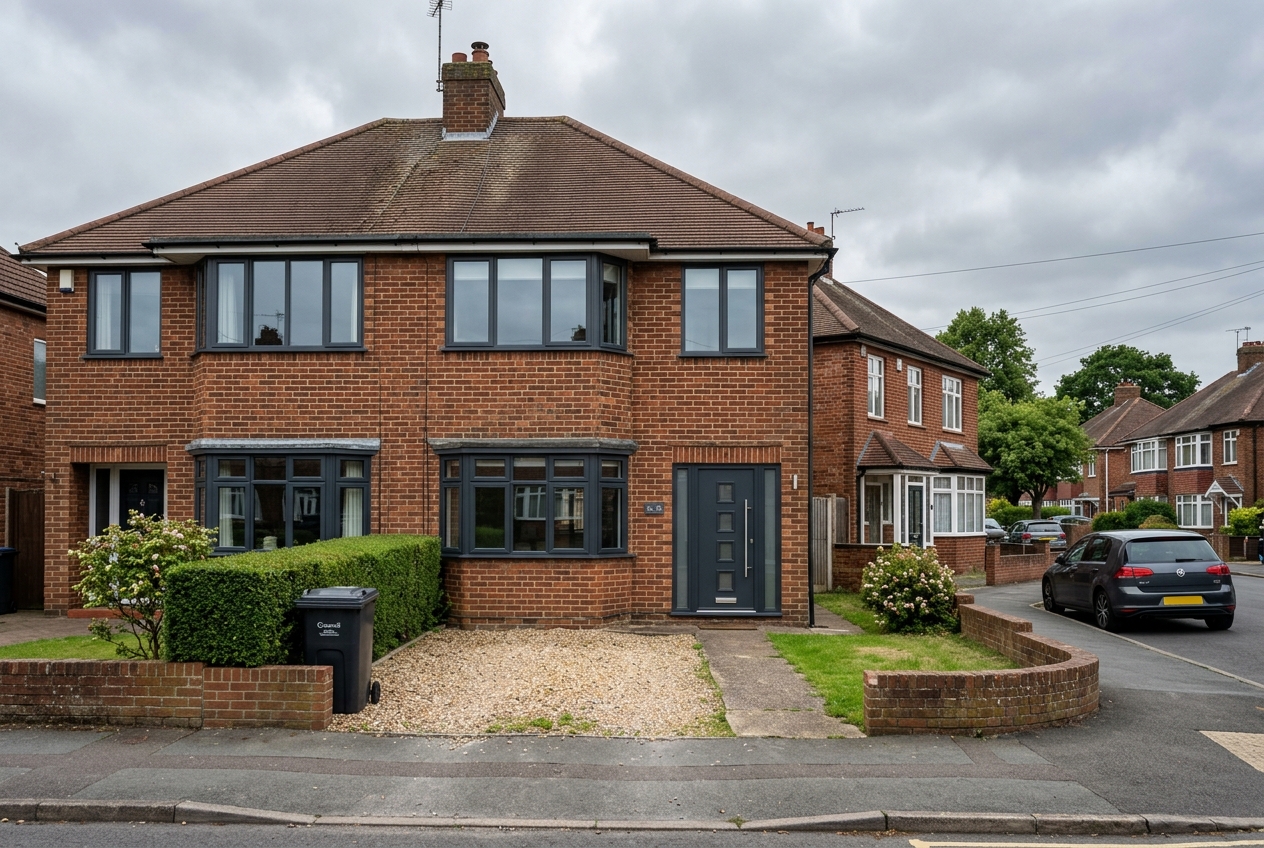 UK semi-detached home with new anthracite grey aluminium windows fabricated by Empire Aluminium Windows Romford