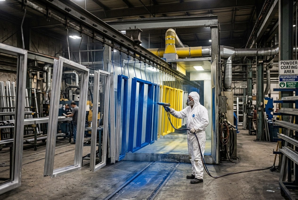 Aluminium profiles being powder coated on Empire's in-house coating line