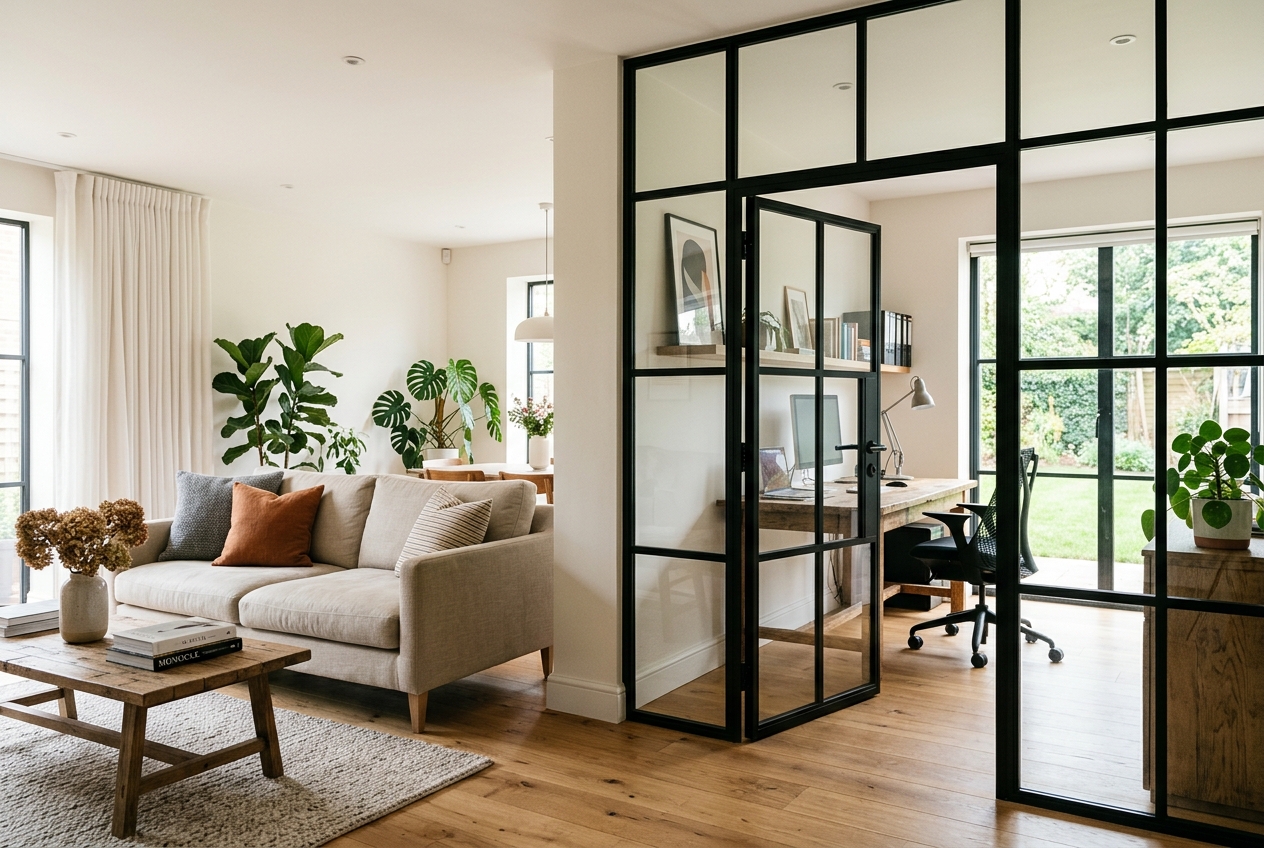 Black aluminium framed glass internal partition dividing a modern open plan living space