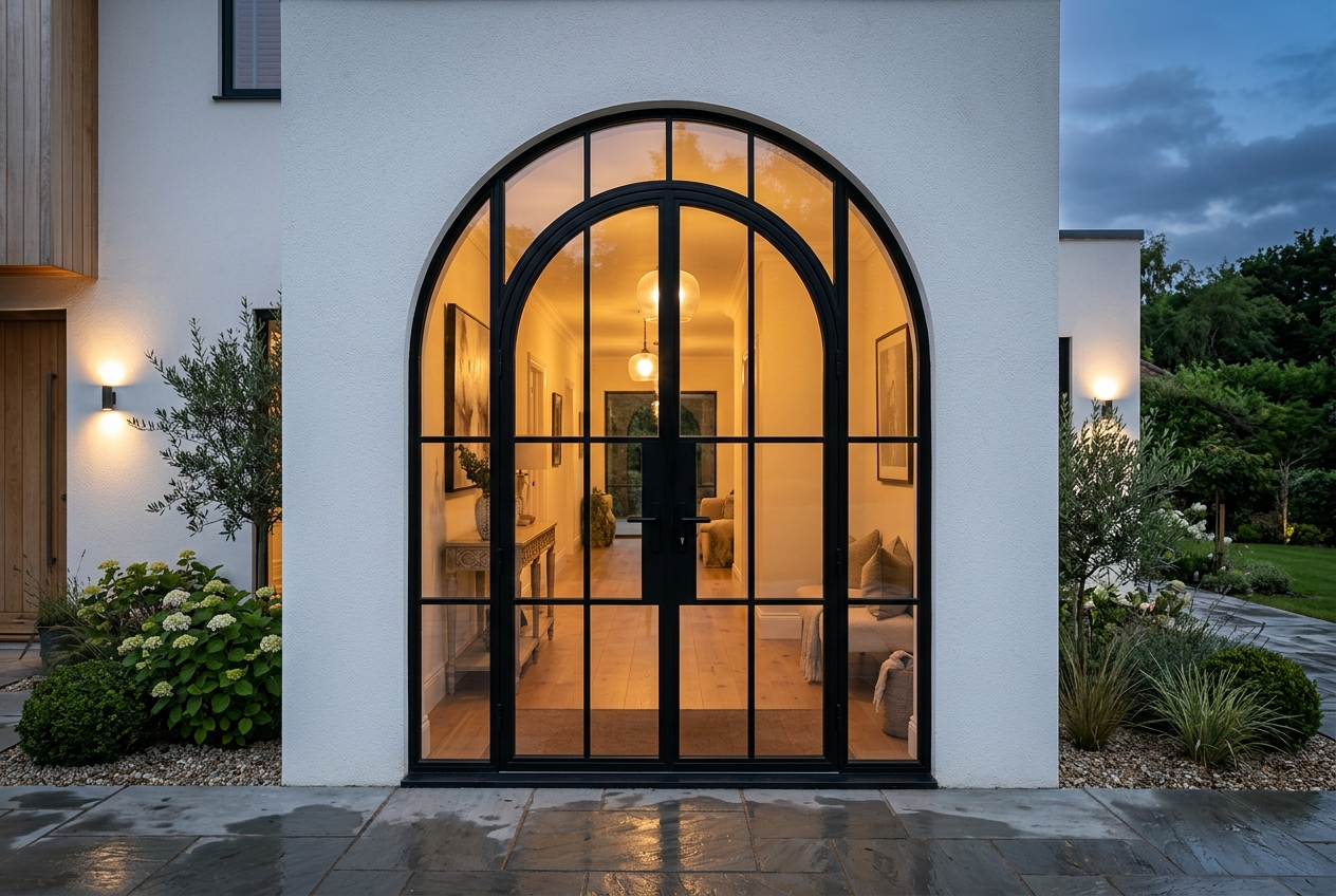 Elegant arched black aluminium framed glass door on a luxury rendered home