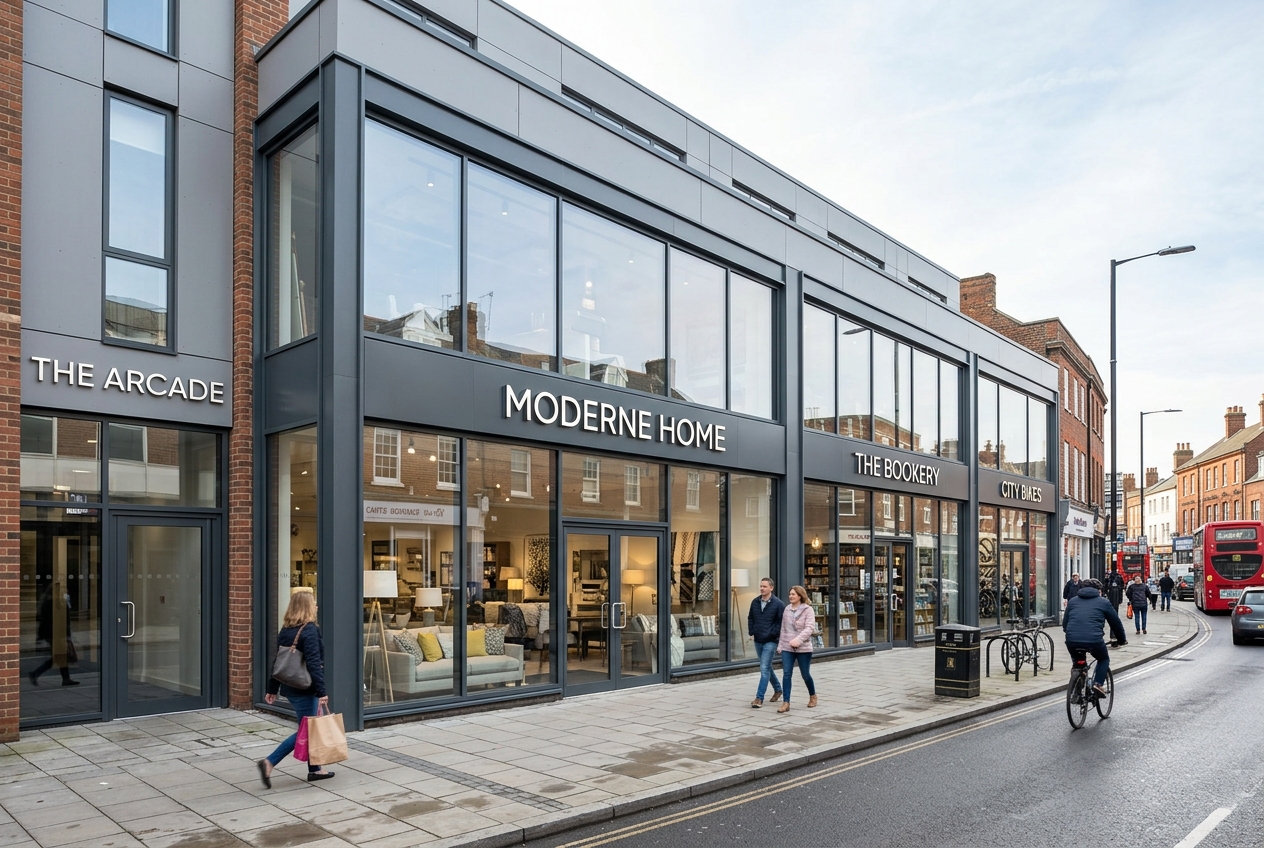 Modern aluminium shopfront with full height glazing on a UK high street