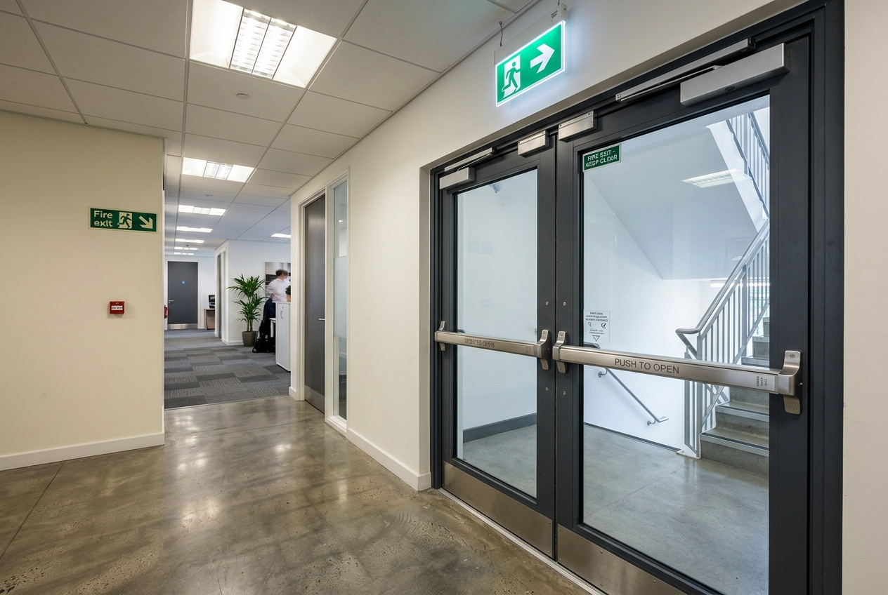 Commercial aluminium fire exit door fitted with a fully concealed rod soft touch panic exit device in a UK office
