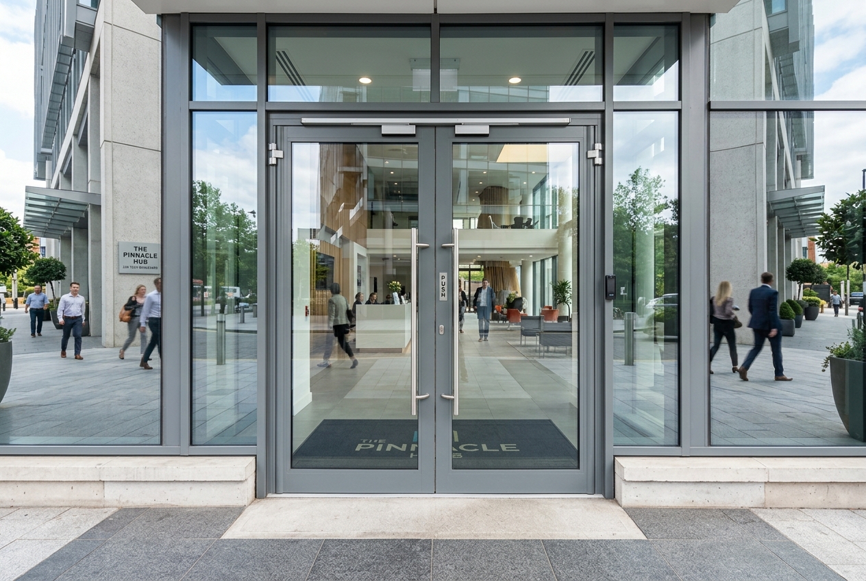 Heavy duty commercial aluminium double entrance doors at a modern office building