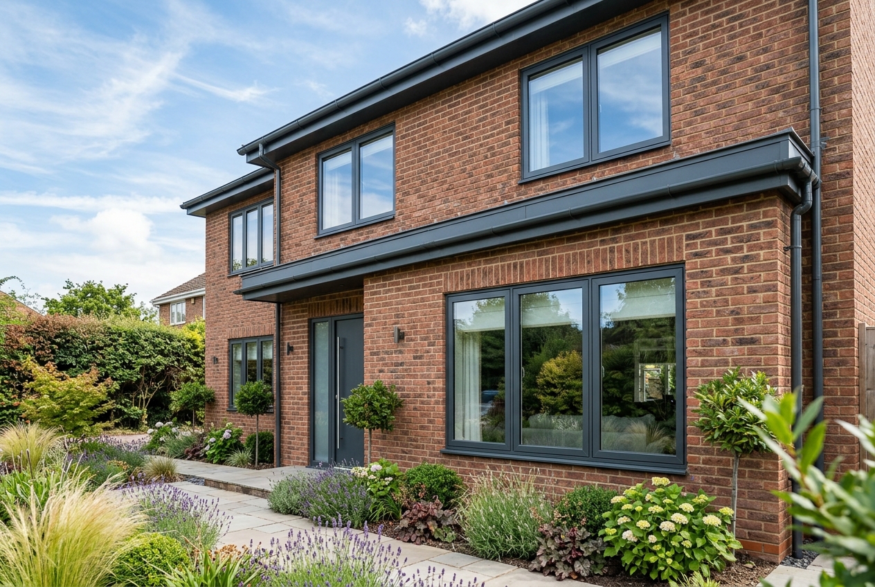 Anthracite grey aluminium casement windows on a modern brick home