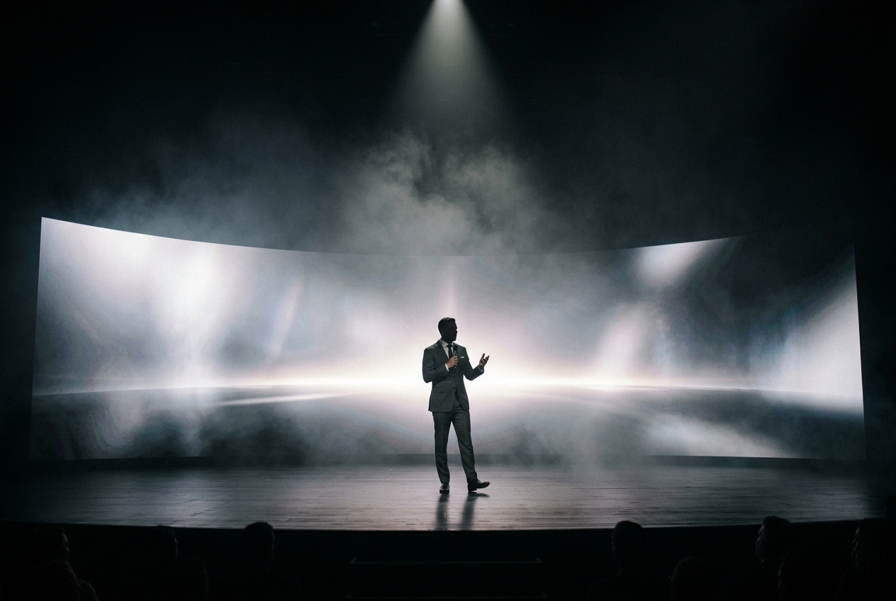 Speaker on a professionally lit dark stage