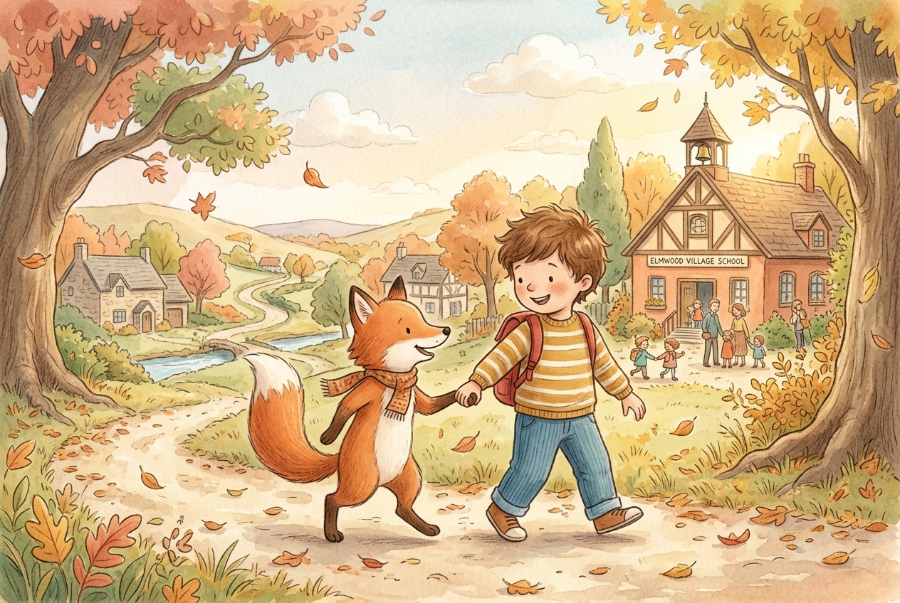 Un petit garçon et un renard marchant vers l'école en automne