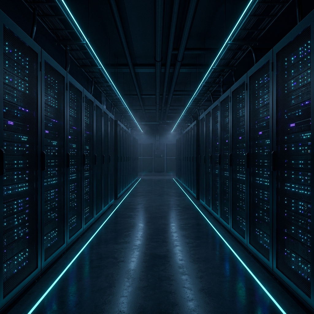 Futuristic data center corridor with cyan-lit server racks