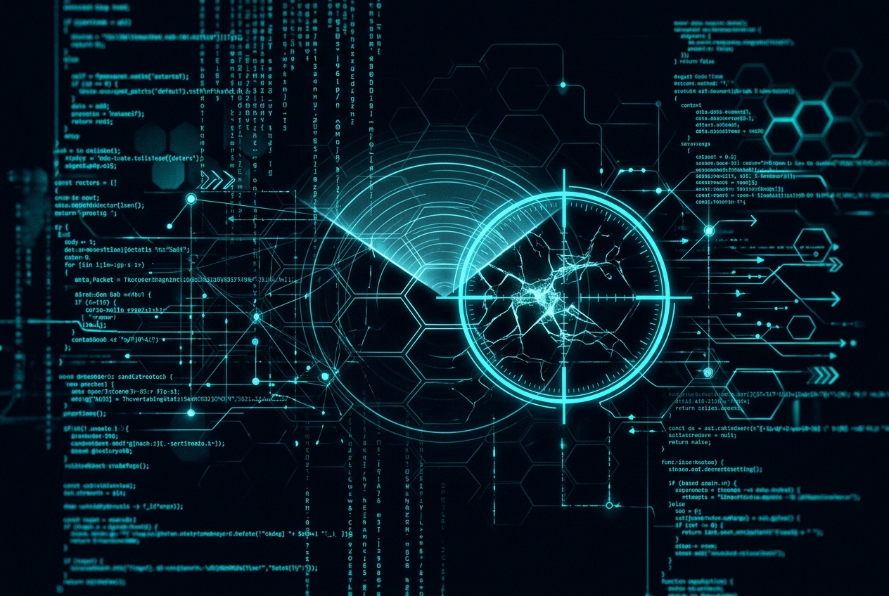 Visualización abstracta de pruebas de penetración con retícula de escaneo cian sobre malla digital