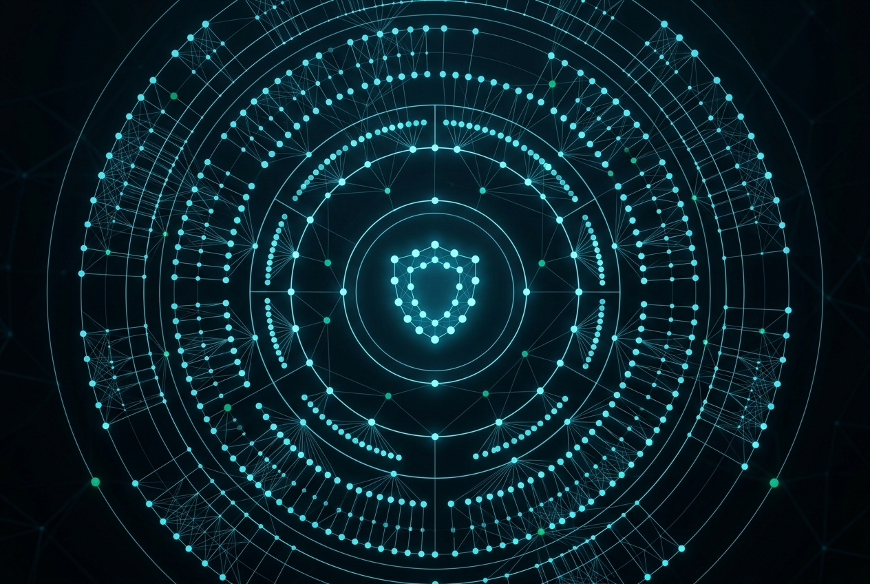 Zero-trust network topology visualization with segmented glowing cyan node rings