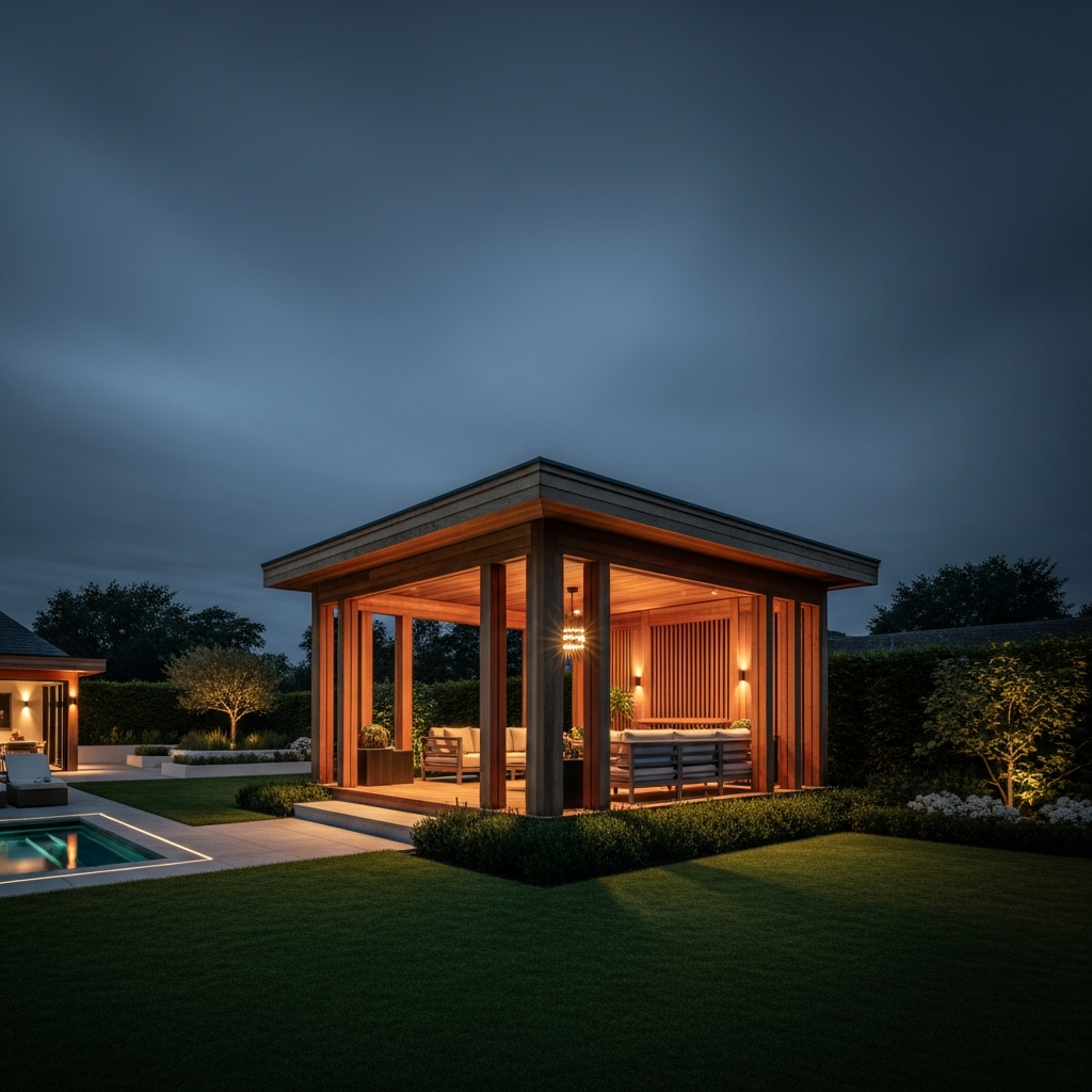 Cinematic modern wooden gazebo installation