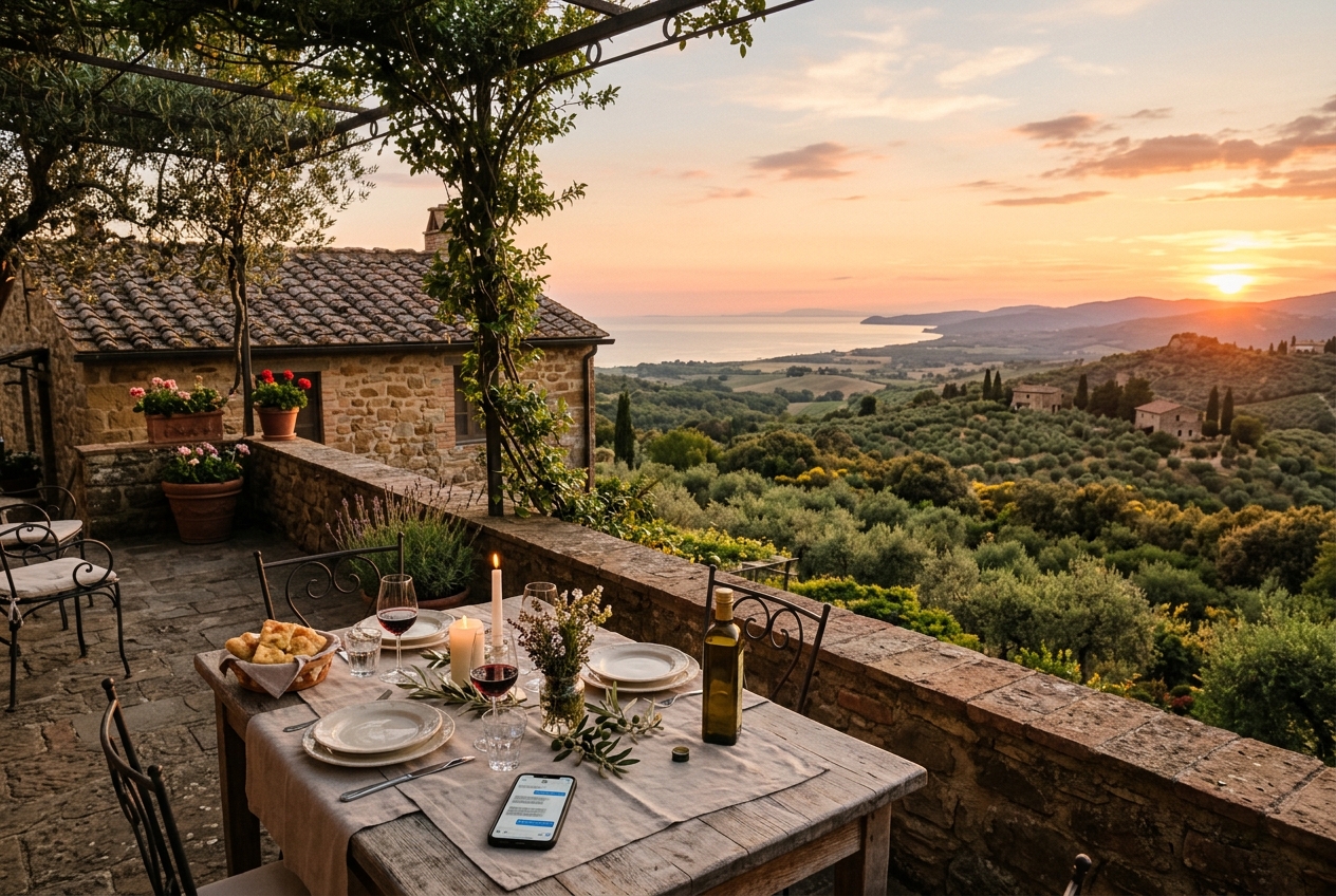 Terrazza di una casa vacanze in pietra in Maremma con vista sulle colline e sul mare al tramonto