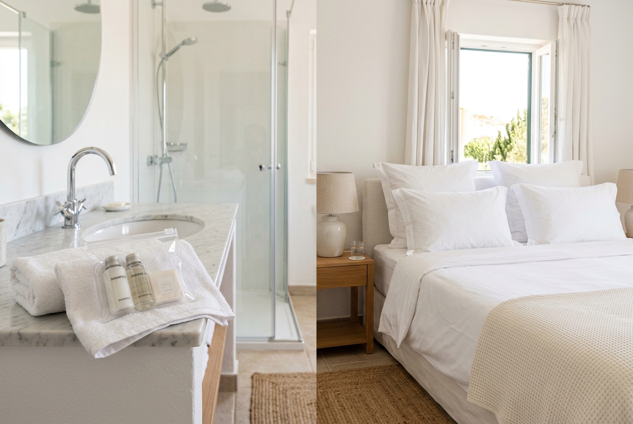 Bagno e camera di una casa vacanze con letto perfetto e kit di cortesia sigillati a caldo