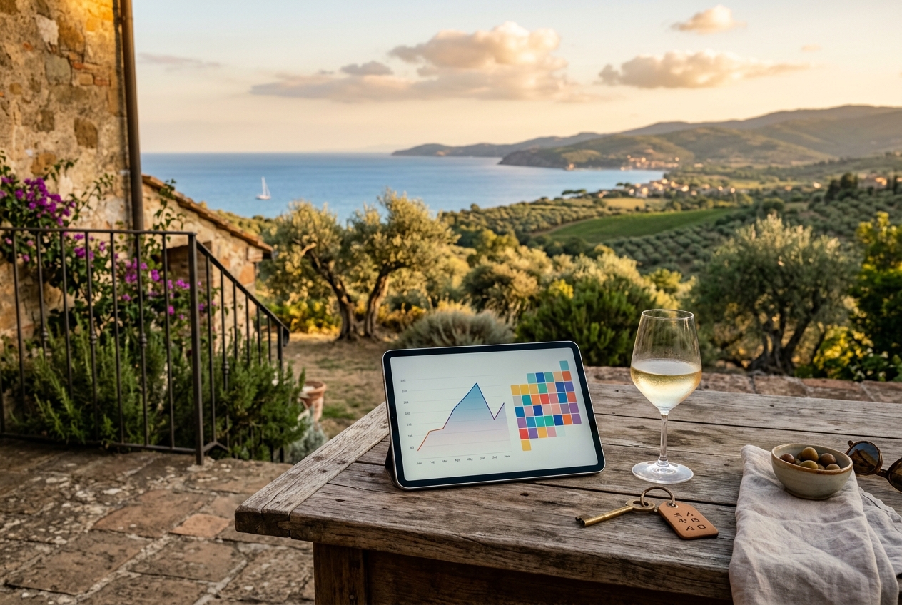Tablet con il grafico dei prezzi per notte di una casa vacanze su una terrazza in Maremma al tramonto