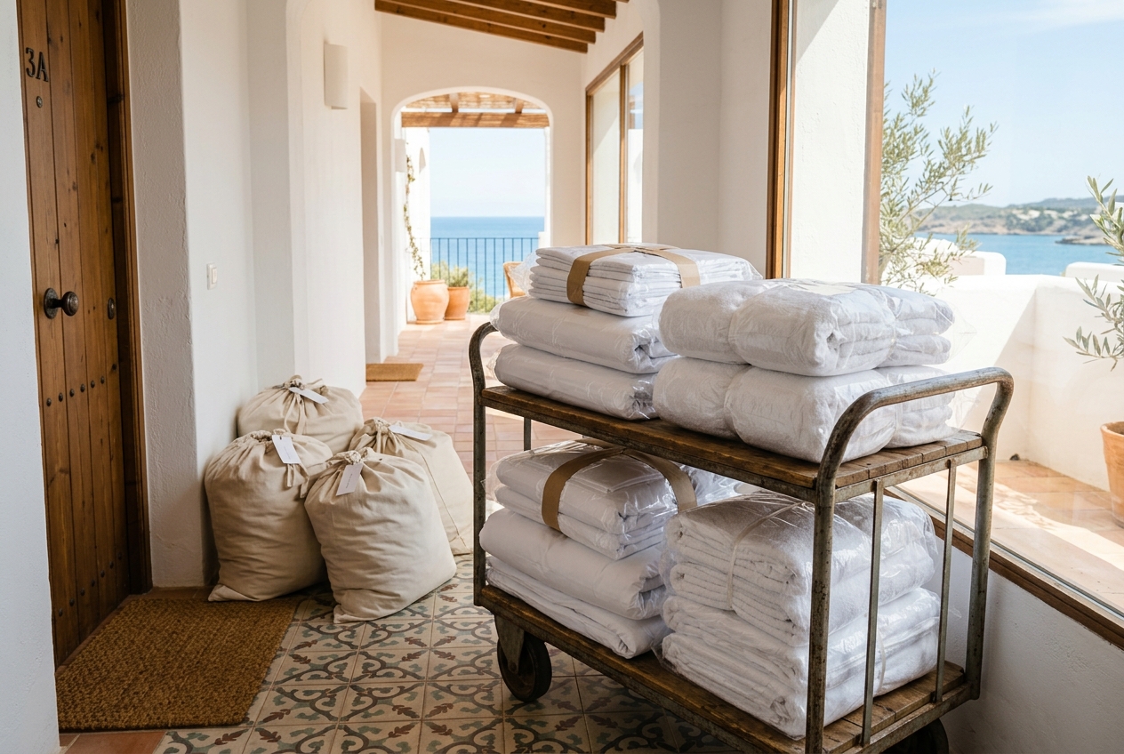 Carrello con lenzuola e asciugamani bianchi stirati e confezionati all'ingresso di un appartamento vacanze sul mare