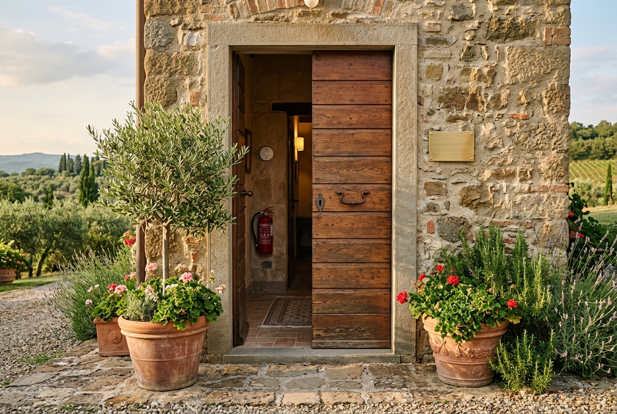 Ingresso di una casa vacanze in pietra in Maremma con estintore e rilevatore di gas installati