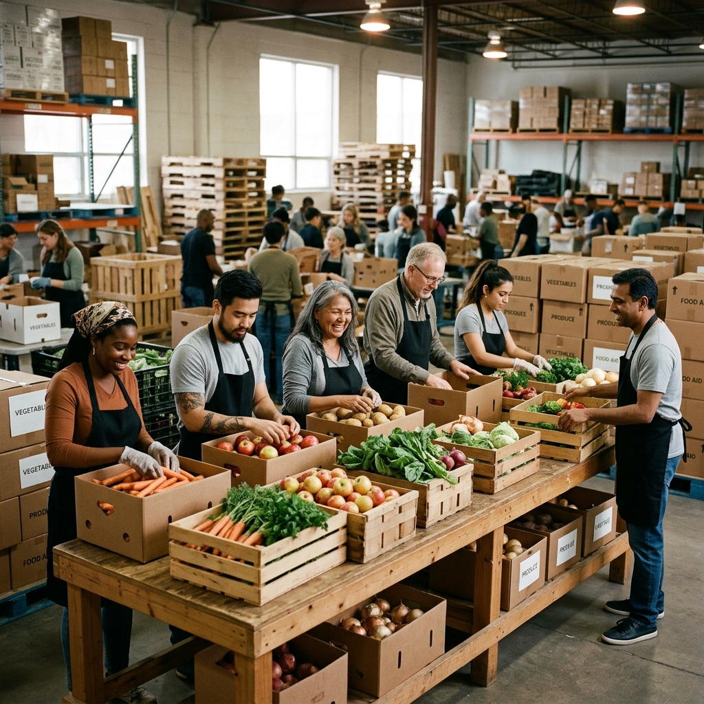 Food bank volunteers sorting donations